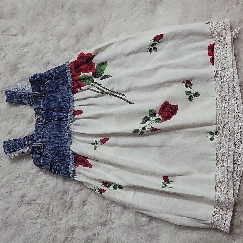 MY VINTAGE BABY Girl's distressed denim & rose pattern dress size 5
